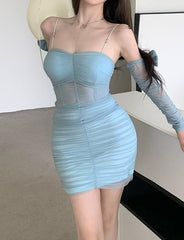 Mesh Stitching Butterfly Sleeves Sling  Corset Dress