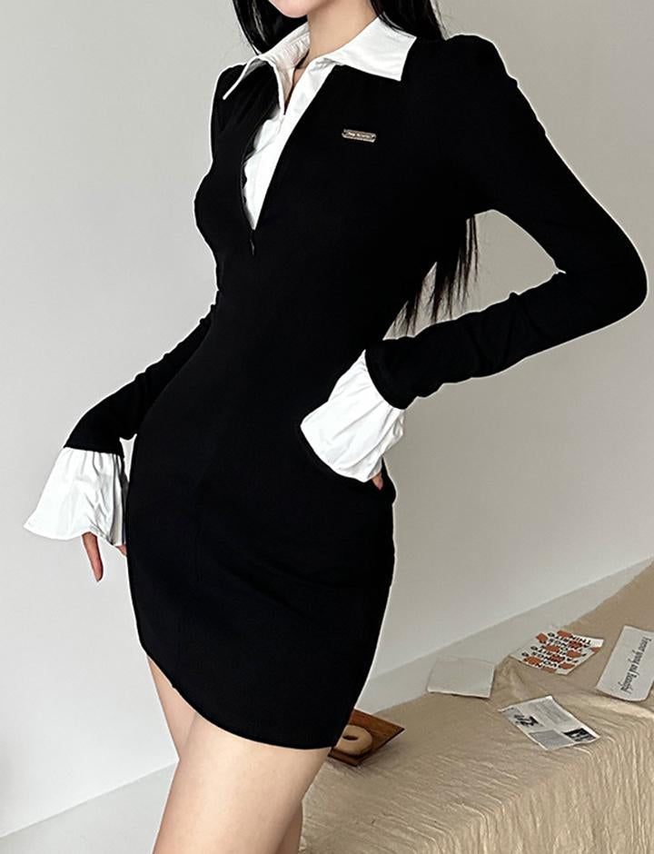 Colorblock Flounce Sleeve Polo Neck Dress