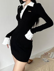 Colorblock Flounce Sleeve Polo Neck Dress