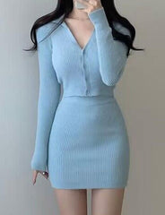 Polo Collar Knitted Long-sleeved Top And Skirt Two-piece Set