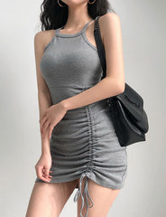 Drawstring Body Wrap Hip Halter Neck Summer Short Dress