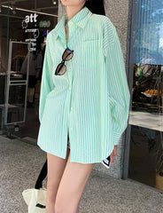 Mint Stripe Print Loose Blouse