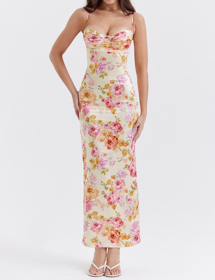 Floral Satin And Lace-trimmed Slit Fitted Slip Maxi Dress
