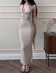 Wasteland Solid Color Cowl Neck Bodycon Maxi Dress