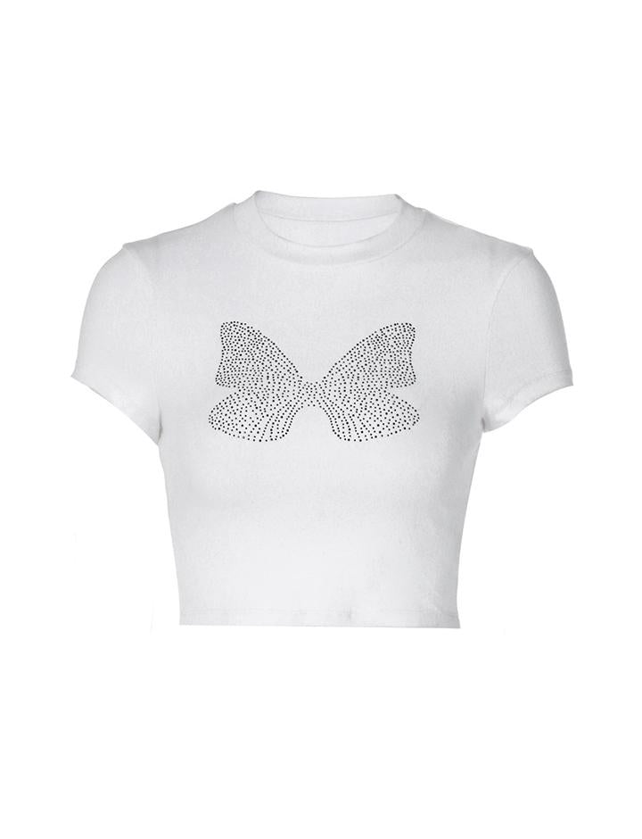 Glitter Butterfly Short Sleeve Skinny Cropped T-Shirt