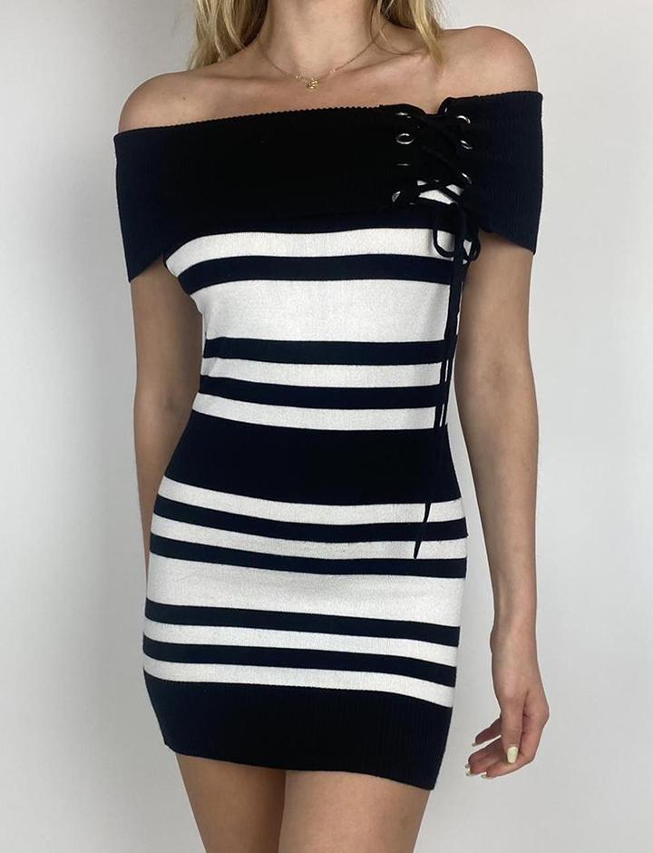 Black and White Striped Off-Shoulder Slim Tie Dress