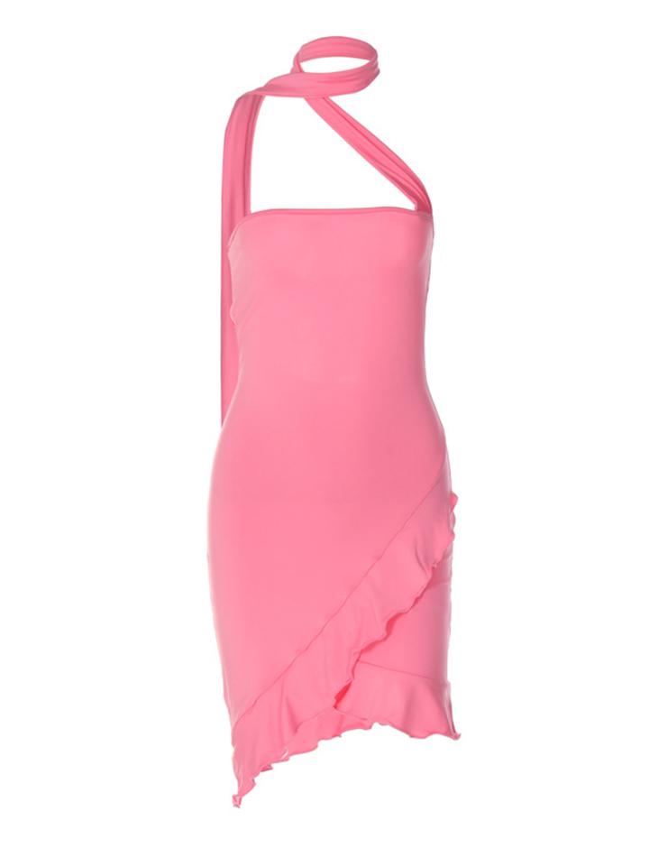 Stitching Strap Halter Neck Bud Ruffle   Pink Short Dress