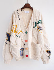 Letter Embroidered Oversized Knit Sweater For