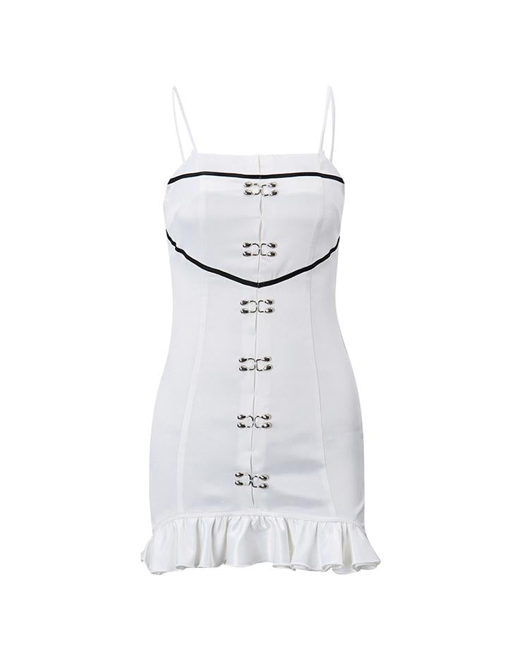 Off-shoulder Metal Buckle Decorated Zipper Ruffle Strap White Dress