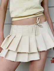 Tiered Pleated Low Rise Denim Super Mini Skirt
