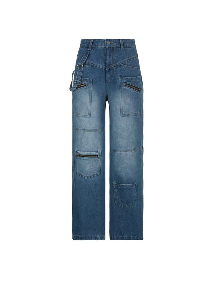 Vintage Pocket Zipper Decor Loose Jeans
