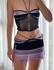 Colorblock Hollow Out Crochet Halter Top and Mini Skirt Co ord Set