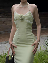 Flower Halter Neck Open Back Lace-trimmed Satin Slim Long Spring-Summer Dress