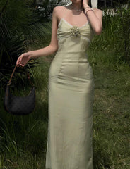 Flower Halter Neck Open Back Lace-trimmed Satin Slim Long Spring-Summer Dress