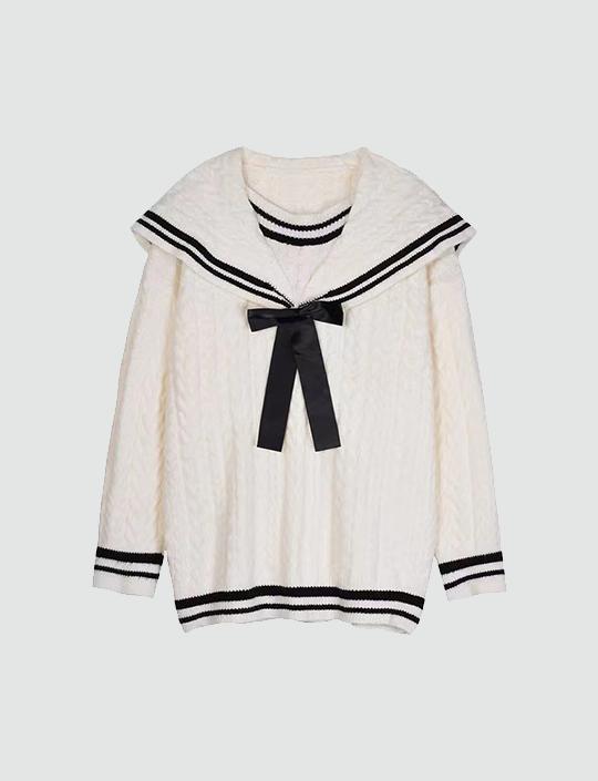 Preppy Bow Loose Navy Neck Sweater