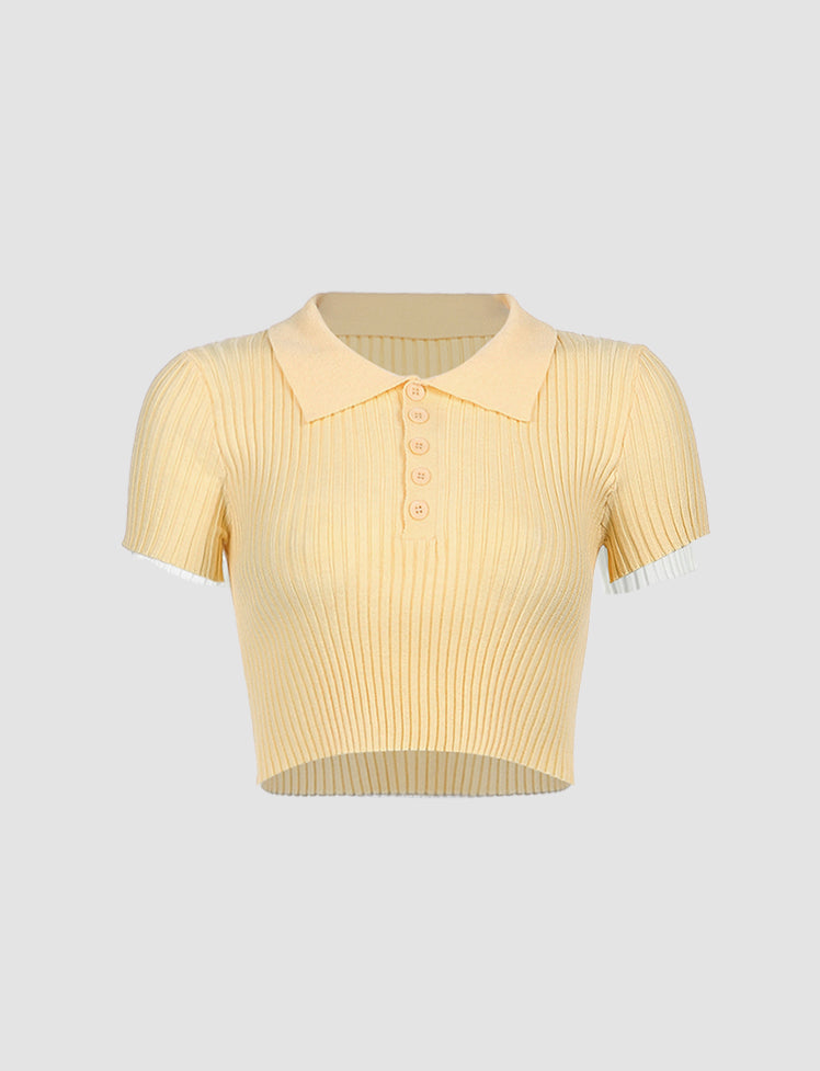 Pure color knit short polo shirt