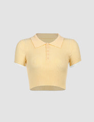 Pure color knit short polo shirt