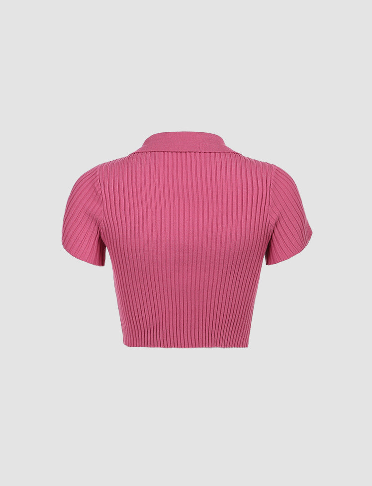 Pure color knit short polo shirt