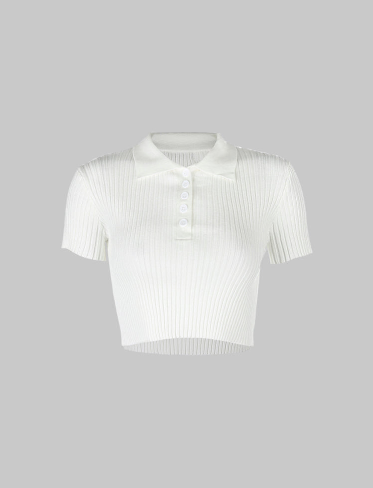 Pure color knit short polo shirt