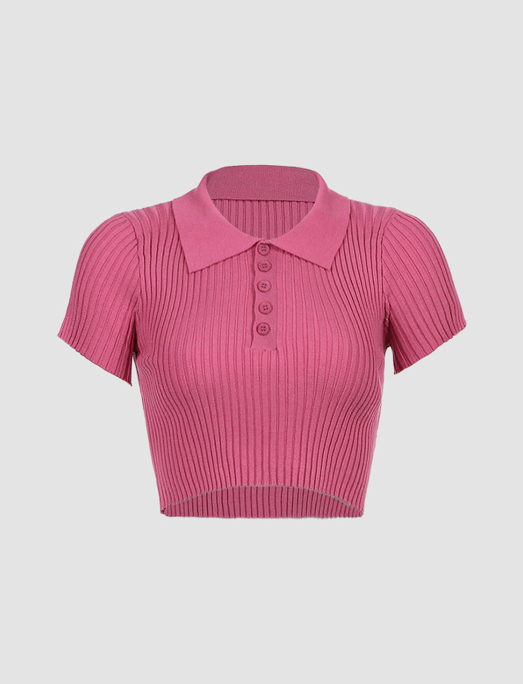 Pure color knit short polo shirt