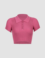 Pure color knit short polo shirt